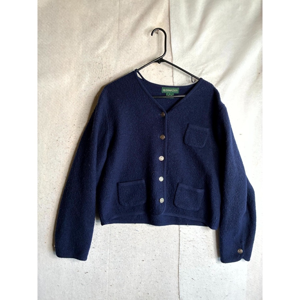 Bushwacker Cardigan Women's Large Navy Wool Patch Pockets V Neck Button Front